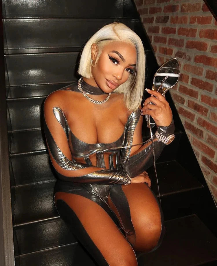 Mesh Patchwork Shiny Jumpsuit