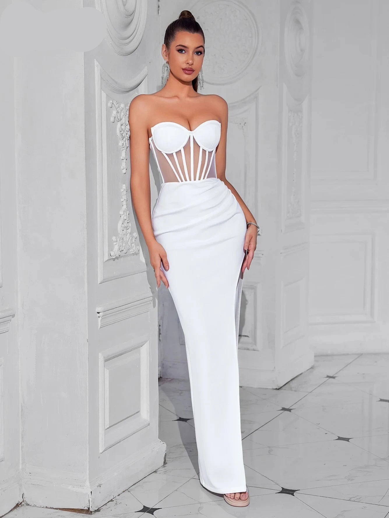 Fish Bone Trimmed Front Strapless Bodycon Mesh Dresses