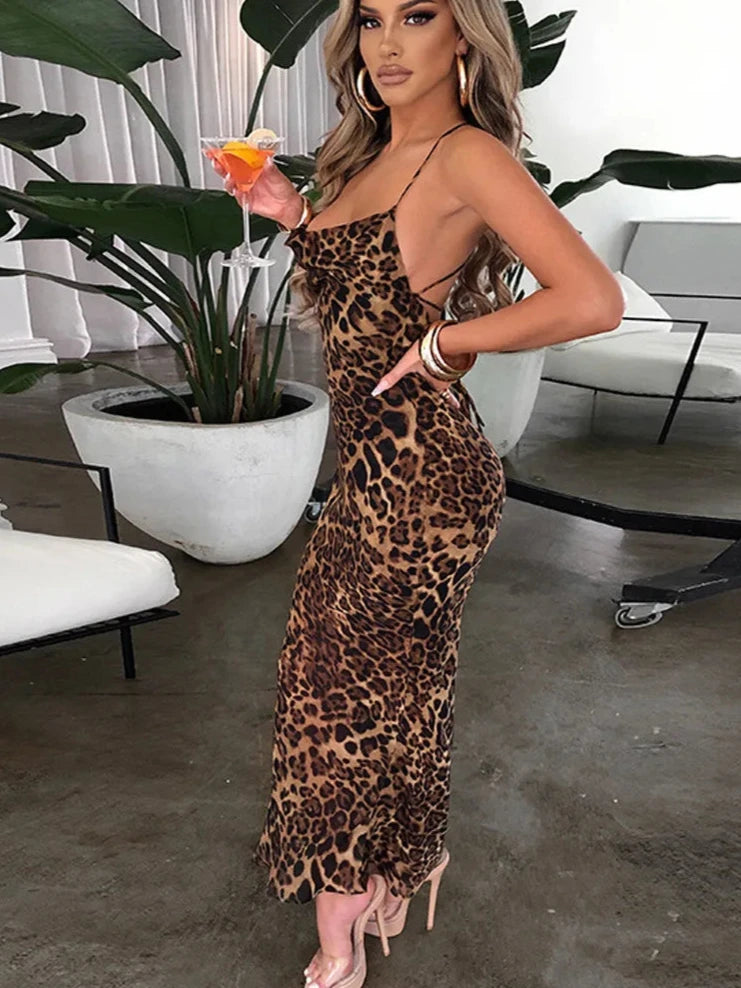 Leopard Printed Bodycon Long Straps Dress