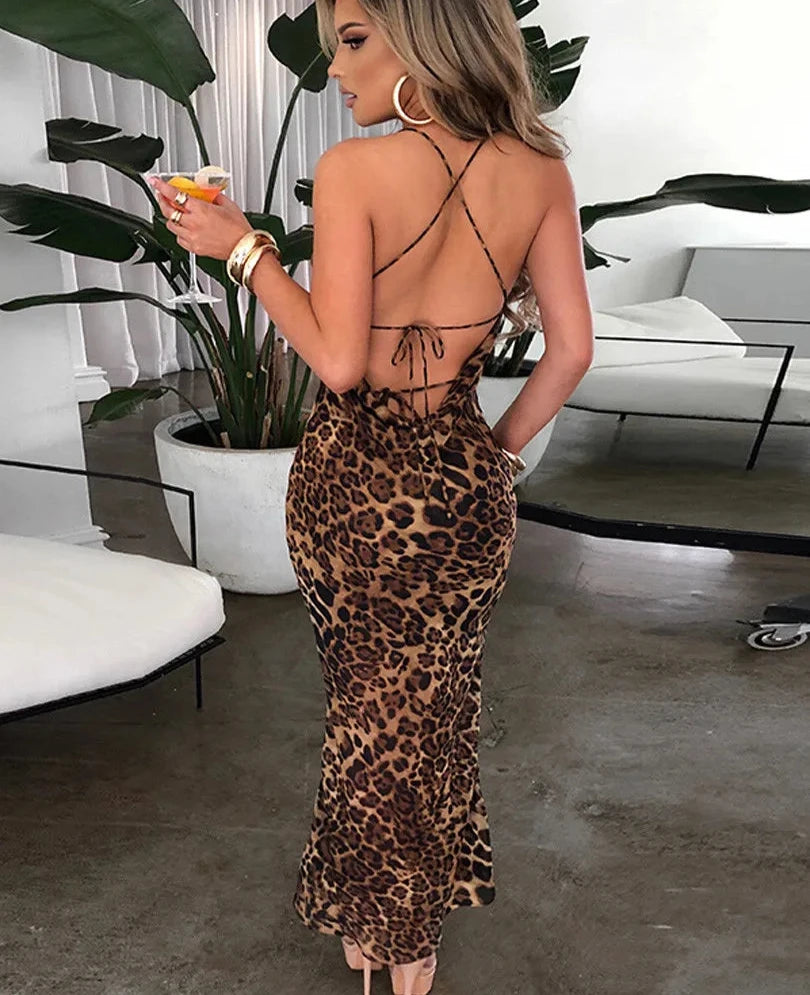 Leopard Printed Bodycon Long Straps Dress