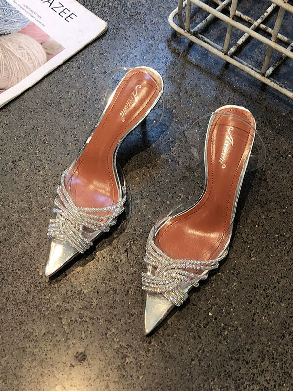 PVC Pointed Toe Rhinestone High Heels