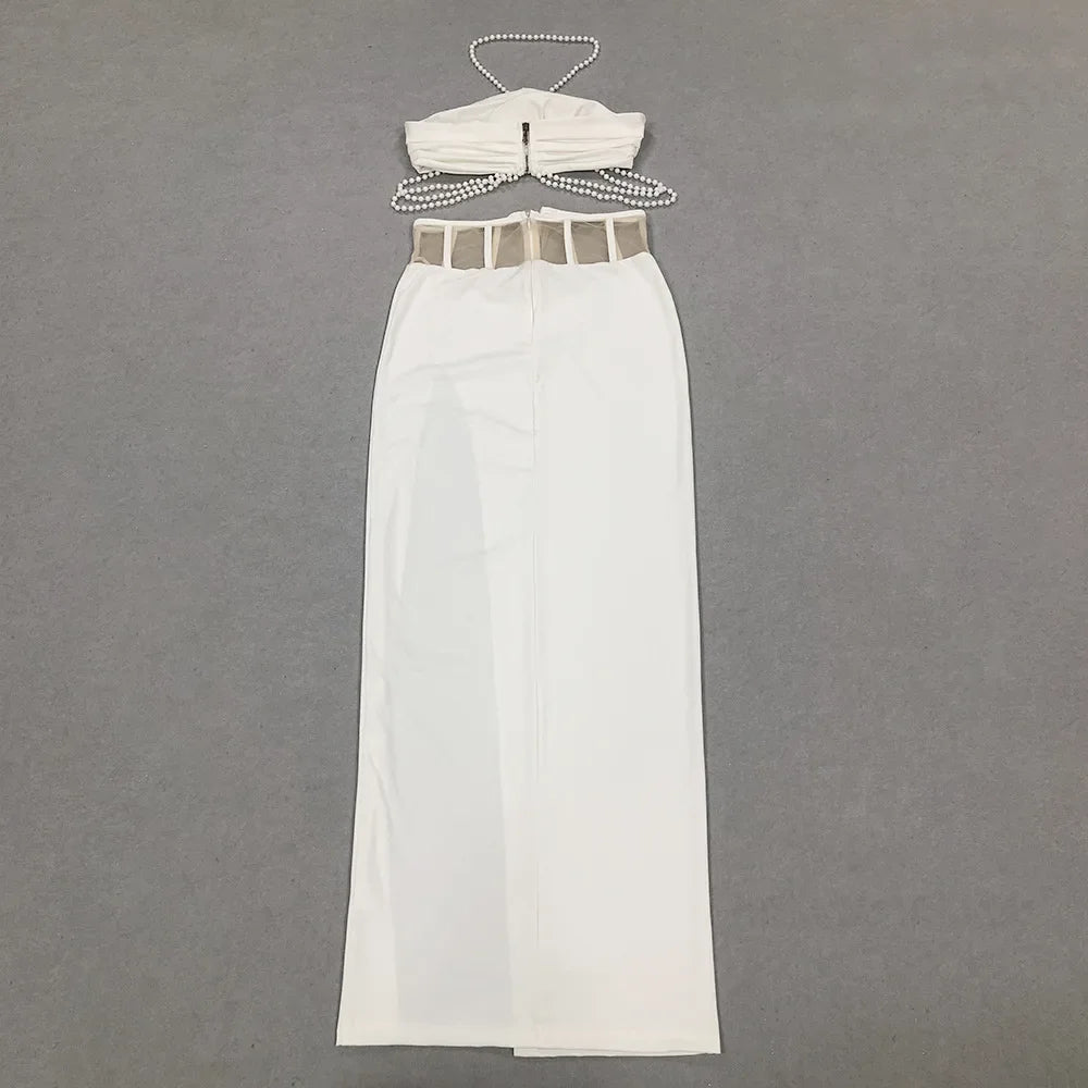 White Flower Sleeveless Off Shoulder Top And Skirt Sexy Two-piece
