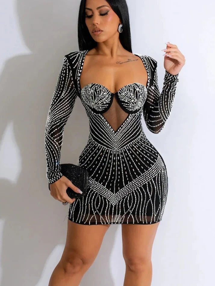 Beautiful Black Rhinestone Padded Mini Dress