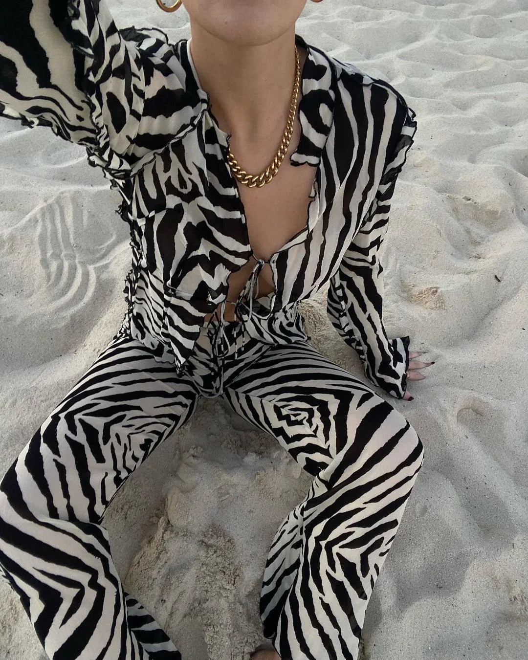 Animal Print Mesh Sheer Stripe Tie Front Detail Top Matching Sets