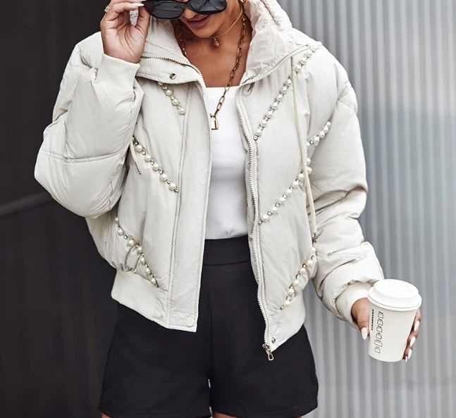 Stand Collar Beaded Quilted Puffer