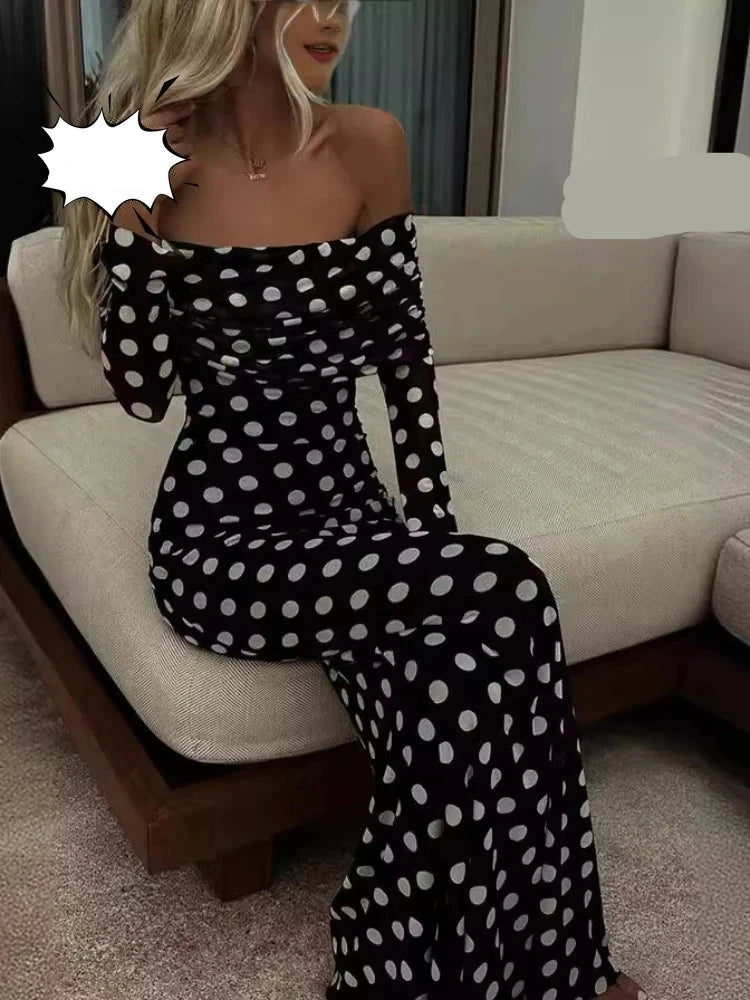 Long Elegant One Shoulder Wave Dot Slim Fit Sexy Long Dress