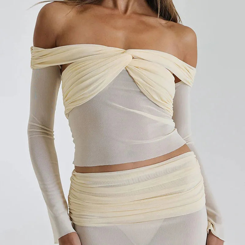 Mesh Spliced Twist Strapless Skirts Set