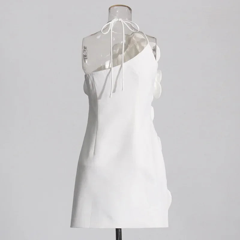White Color Halter Off the Shoulder Florals Bodycon Mini Dress