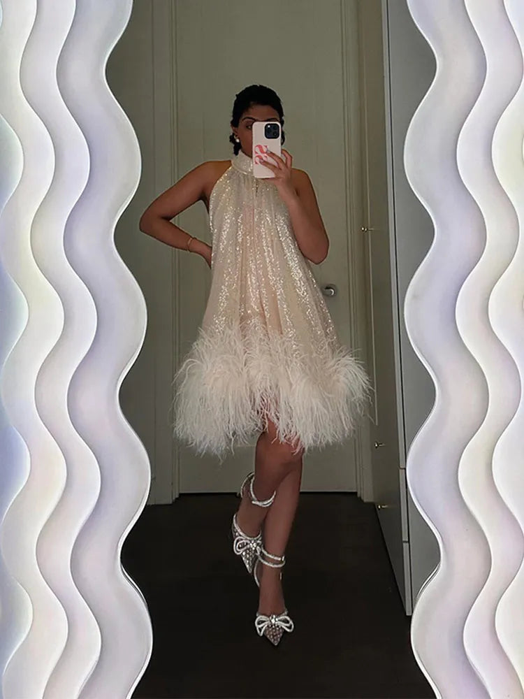 Elegant White Sequins Feather Hem Mini Dress