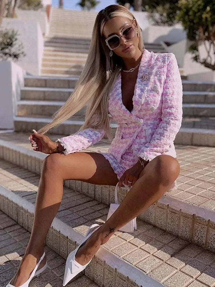High Quality Women Elegant Pink Houndstooth
