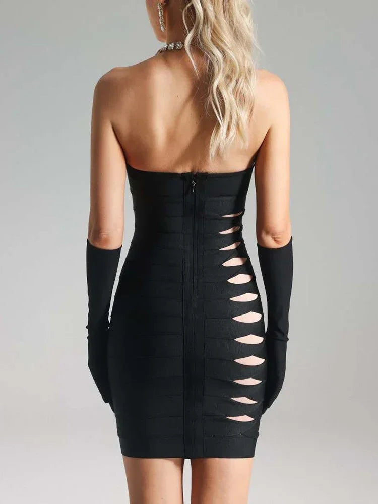 Strapless Mesh Patchwork Hollow Out Mini Bandage Dresses