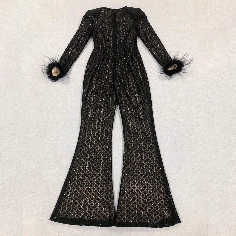High Quality Black Sequin Sexy V-neck Feather Tight jumpsuit