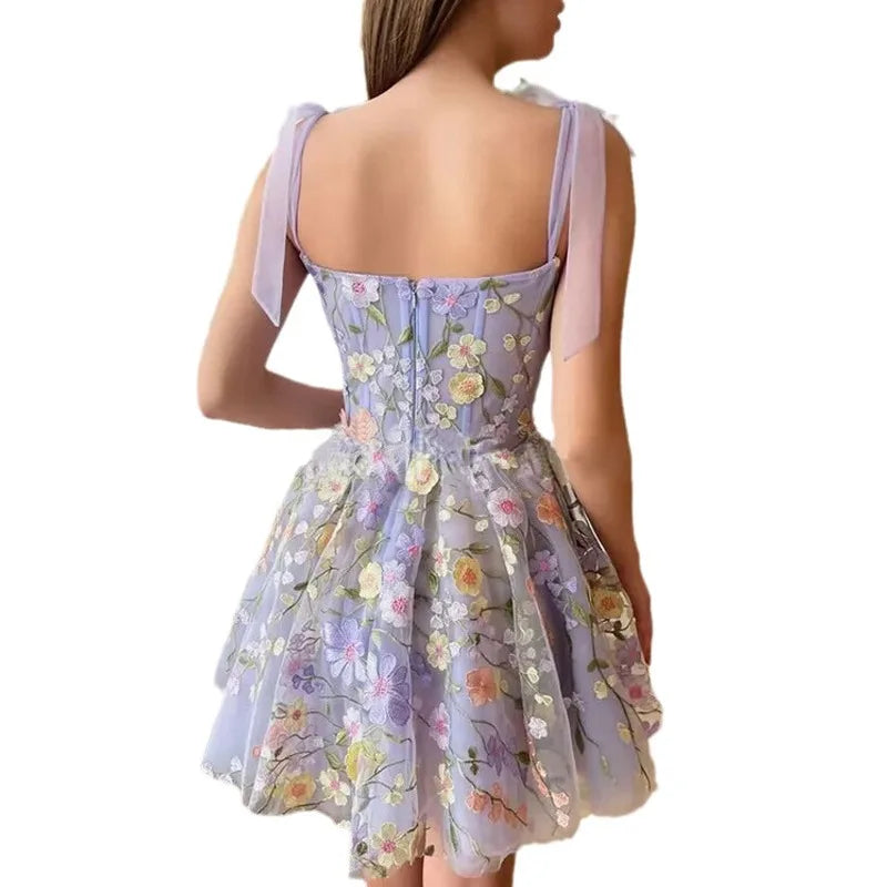 Three-dimensional Flower Embroidery Suspender Dress