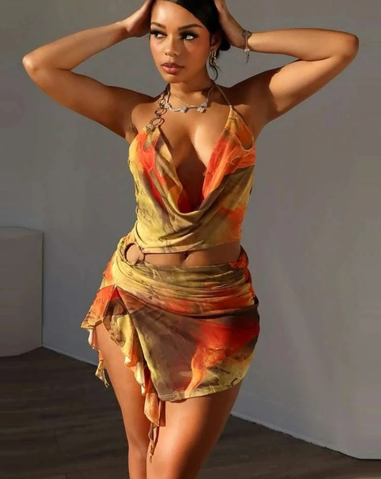 Tropical Halter Neck Mesh Print Ruffles