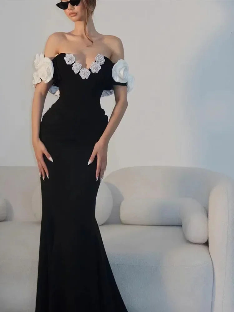 Sexy Off Shoulder Black Flower Maxi