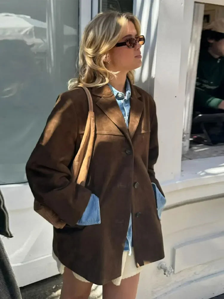 Brown Lapel Pocket Suede Leather