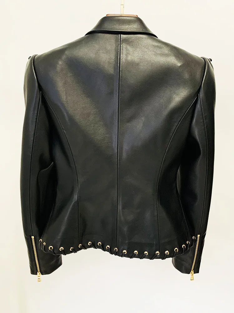 Designer Rope Lacing Up Slim Fitting Leather Blazer