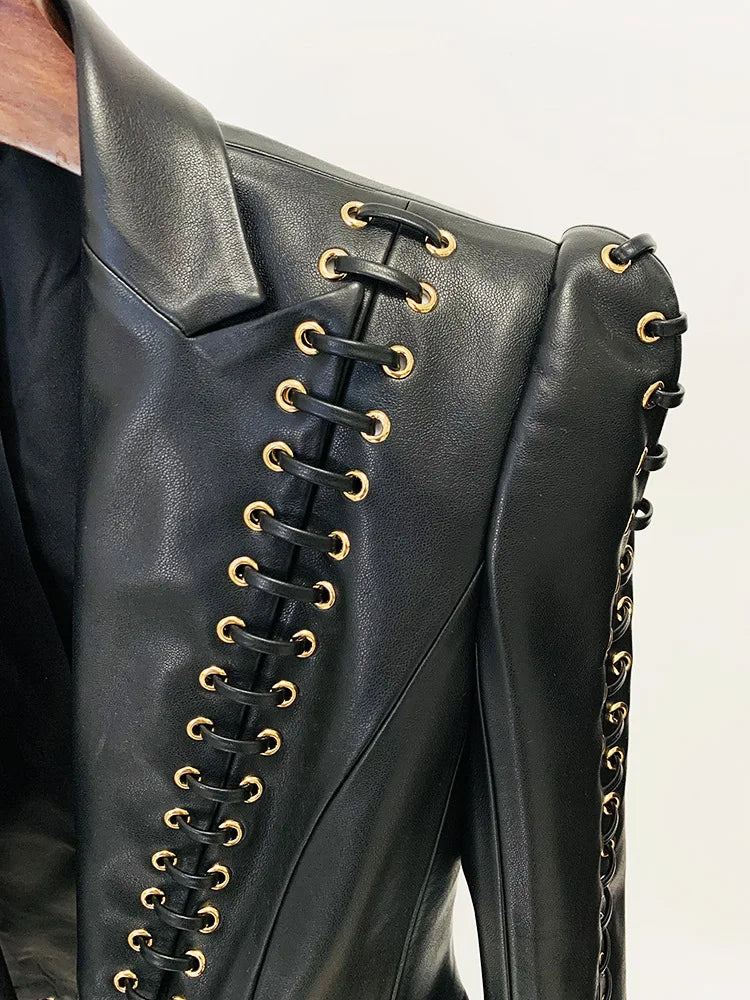 Designer Rope Lacing Up Slim Fitting Leather Blazer