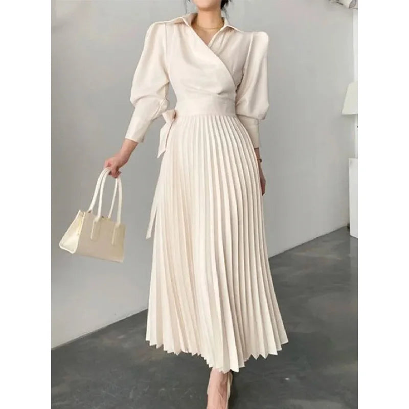 Asymmetric Pleated Solid Color Lapel Shirt Dress