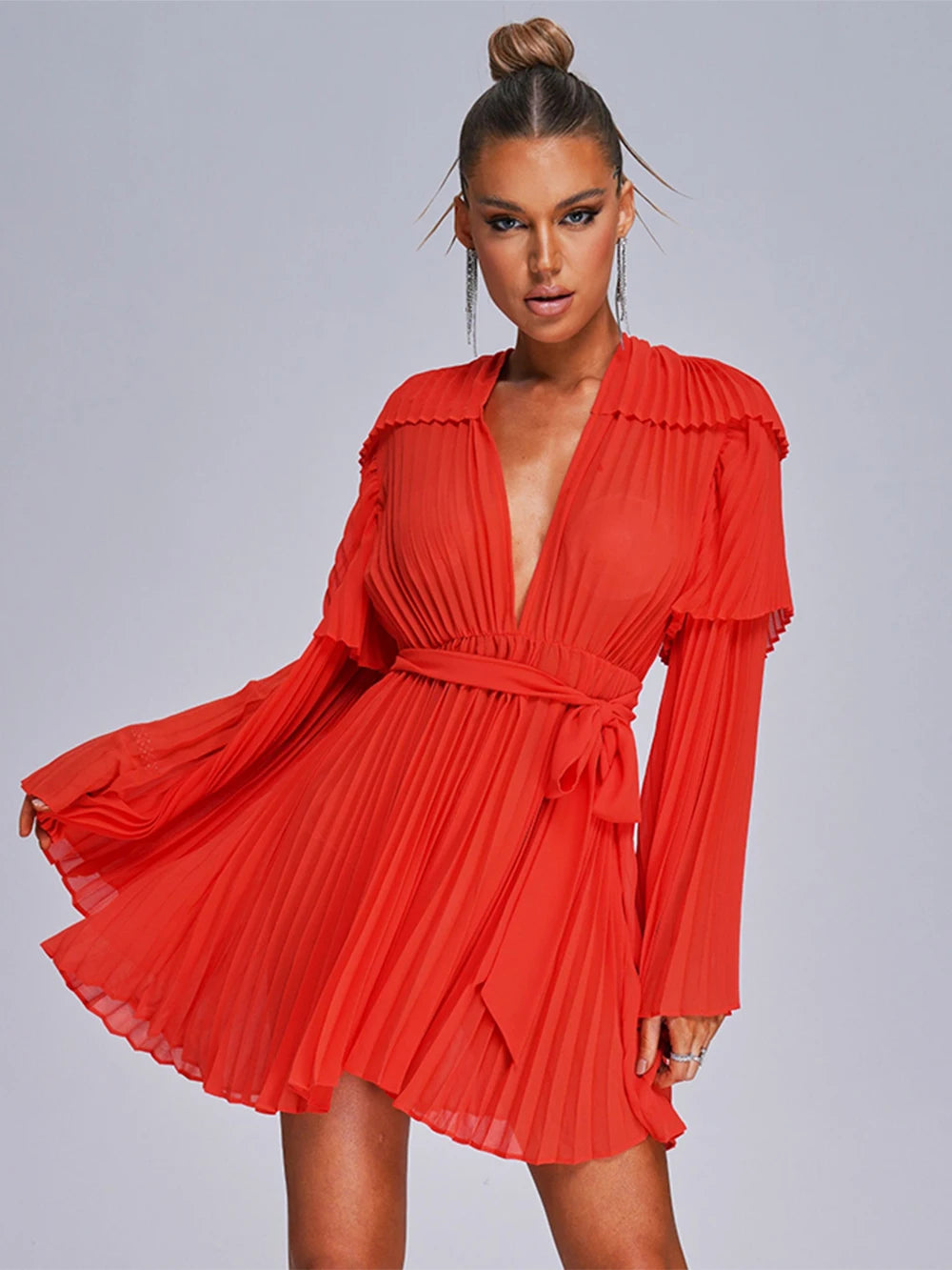 New Flare Long Sleeve Bright Pleated