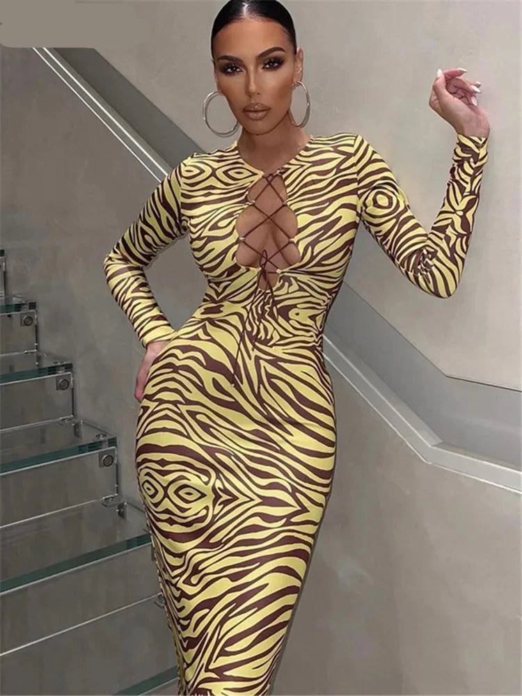 Zebra Print Yellow Pencil Long Dresses