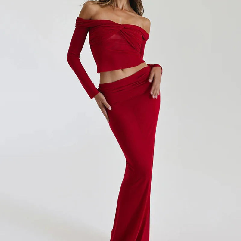 Mesh Spliced Twist Strapless Skirts Set