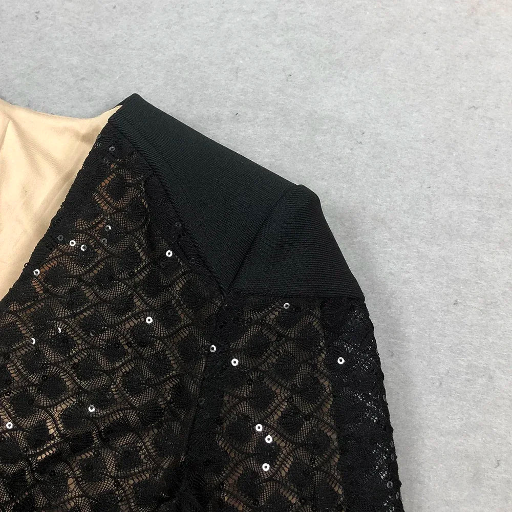 High Quality Black Sequin Sexy V-neck Feather Tight jumpsuit