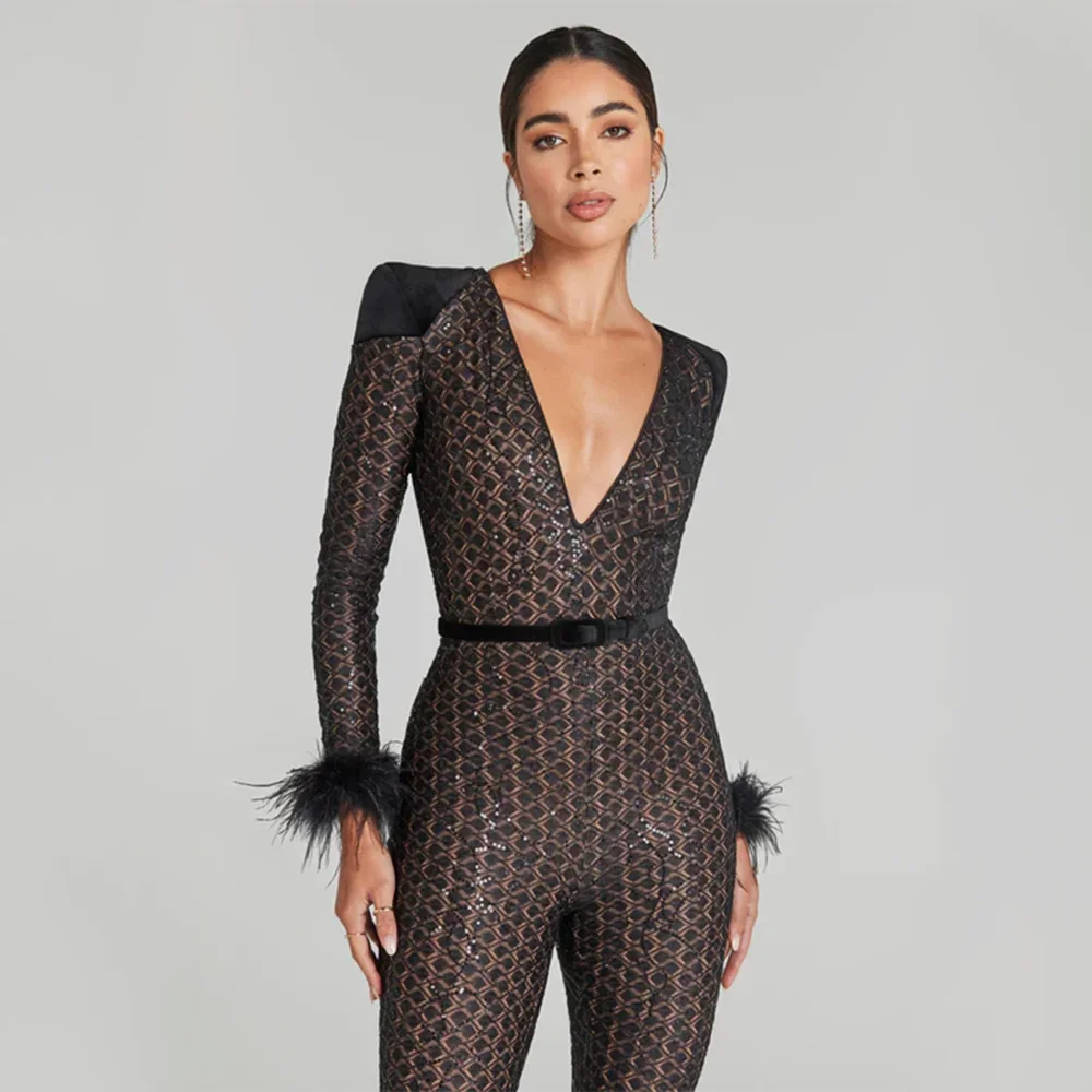 High Quality Black Sequin Sexy V-neck Feather Tight jumpsuit