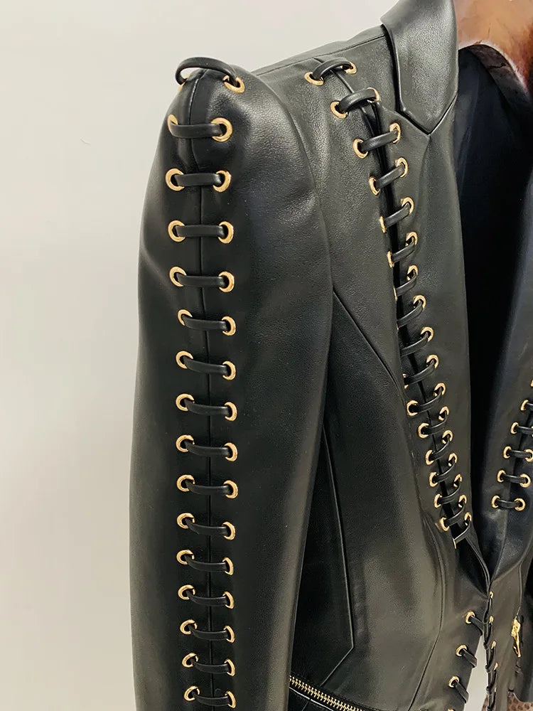 Designer Rope Lacing Up Slim Fitting Leather Blazer