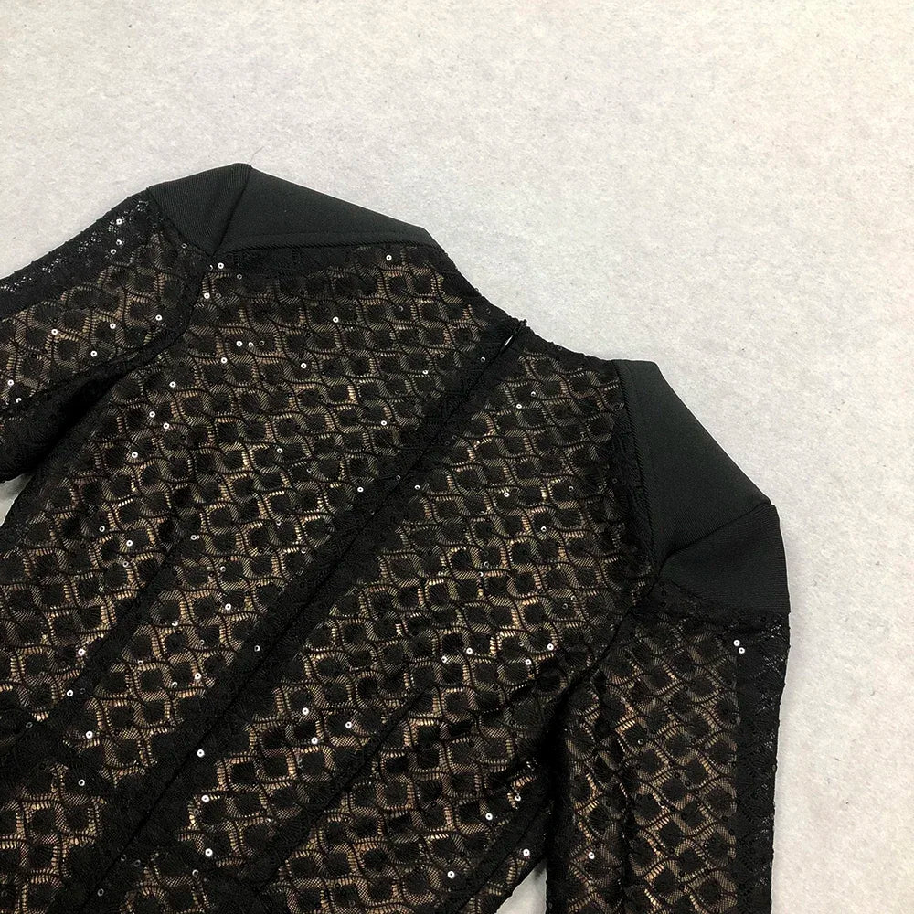 High Quality Black Sequin Sexy V-neck Feather Tight jumpsuit