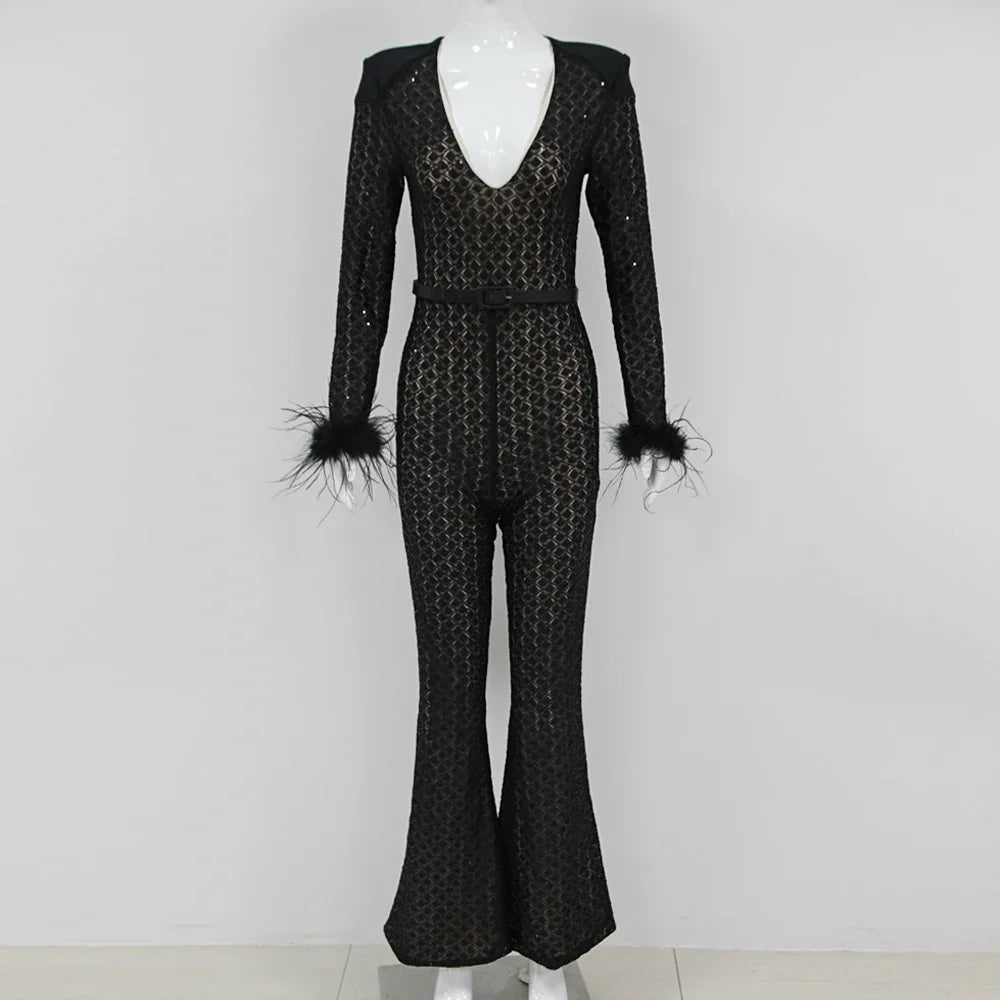 High Quality Black Sequin Sexy V-neck Feather Tight jumpsuit