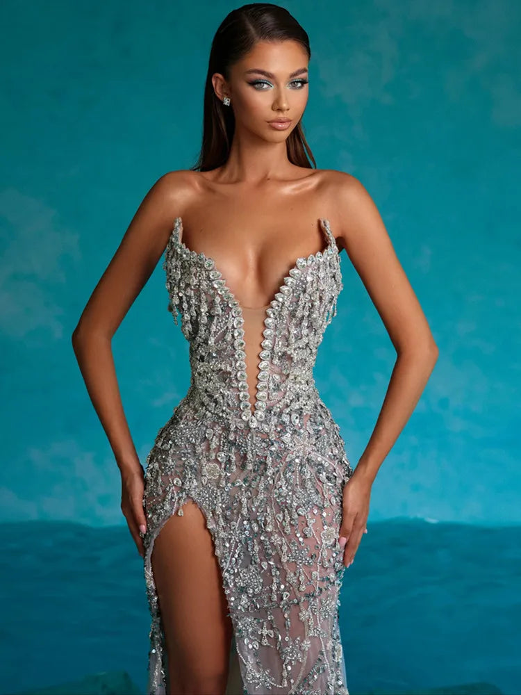 Luxury Sexy Strapless Feather Sequins