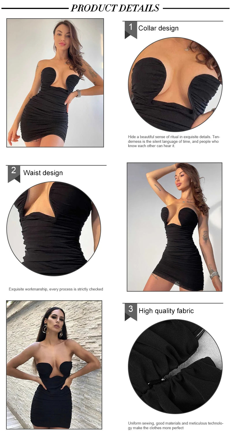 Trendy Draped Design Sexy Strapless Mesh Black Mini Dress