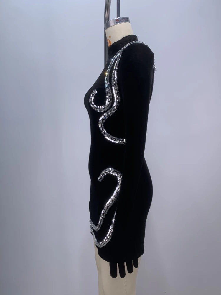 Long Sleeve Gloves Gloves Diamonds Mini Dress
