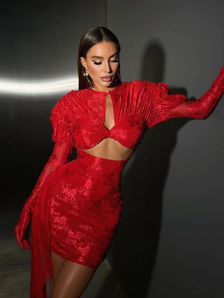 Gloves Long Sleeves Cutout Pleated Draped Mini Dress