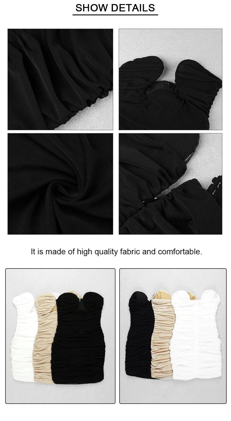 Trendy Draped Design Sexy Strapless Mesh Black Mini Dress