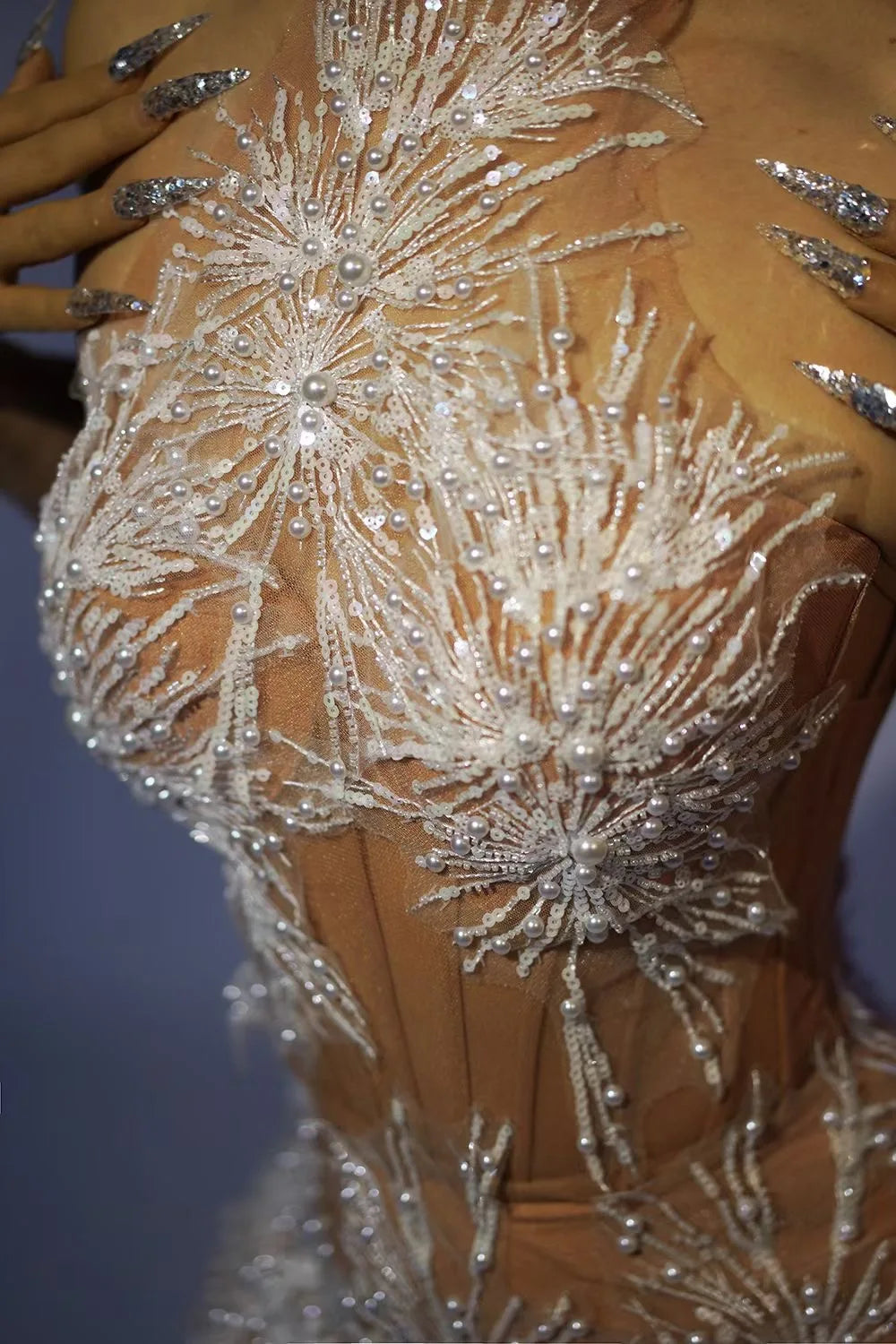 Sheer Transparent Pearl Sequin Dress