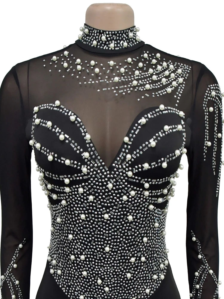 Black Mesh Bust Pearls & Rhinestone