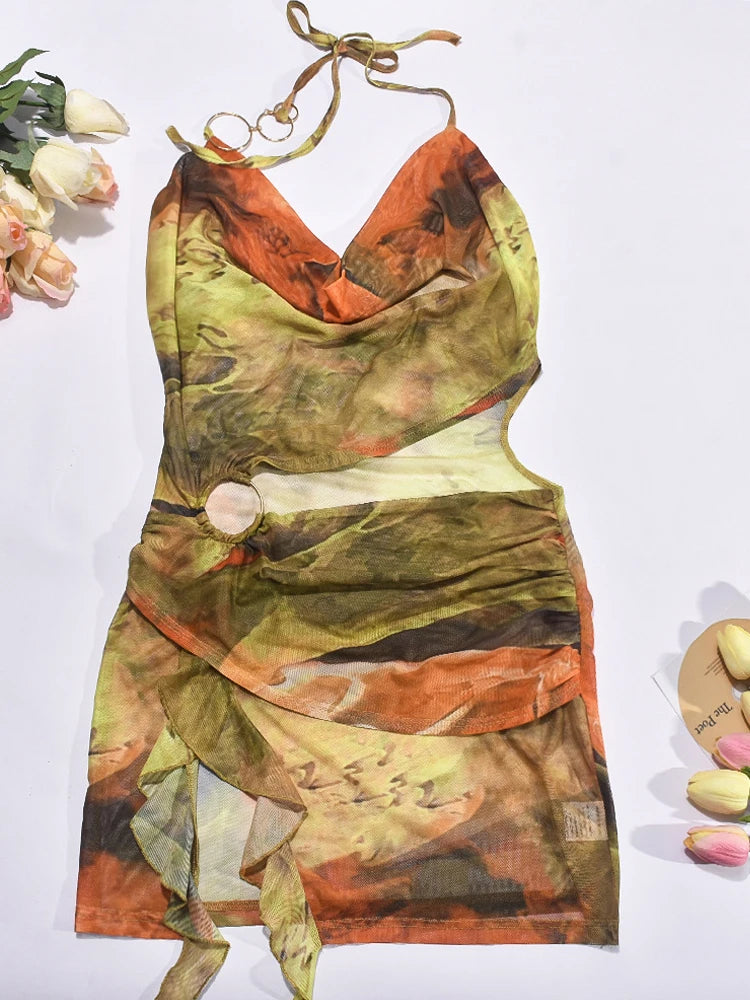 Tropical Halter Neck Mesh Print Ruffles