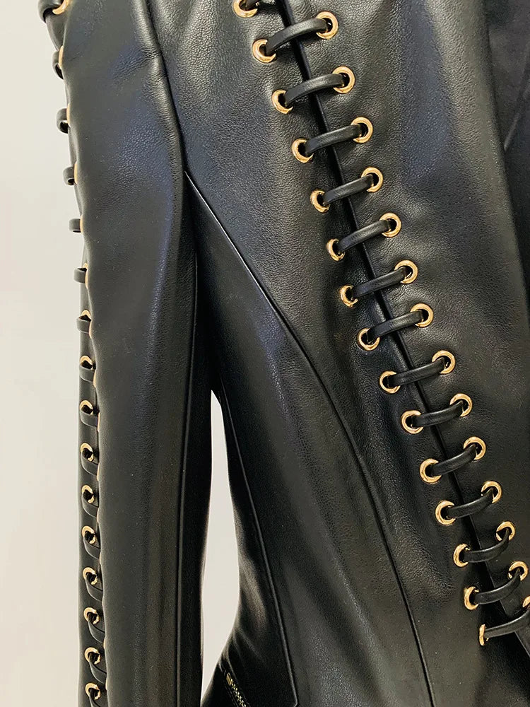 Designer Rope Lacing Up Slim Fitting Leather Blazer