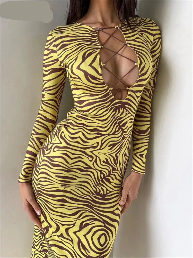 Zebra Print Yellow Pencil Long Dresses