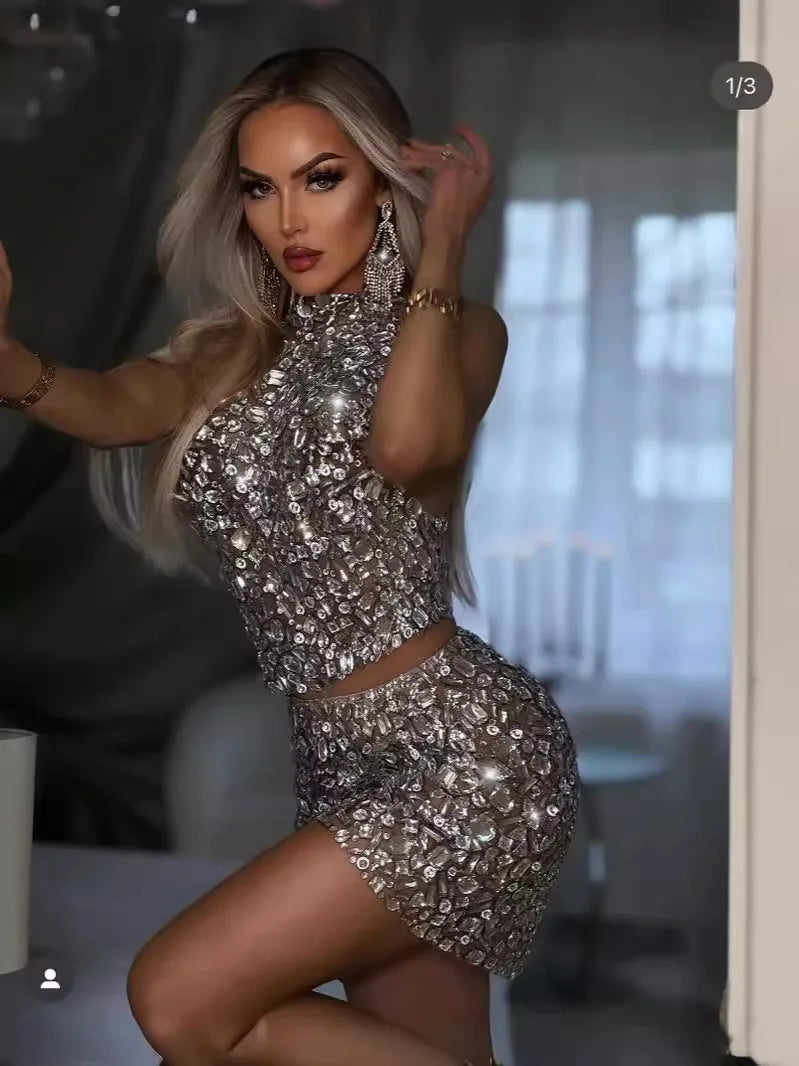 Sparkling Rhinestone Sexy Halter 2-Piece