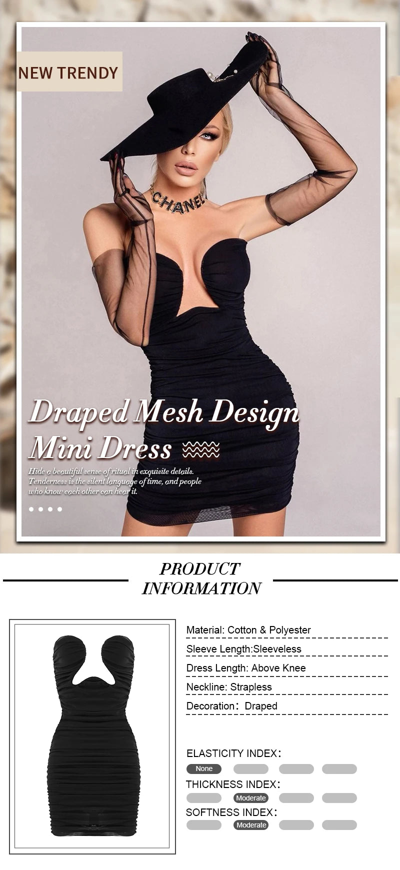 Trendy Draped Design Sexy Strapless Mesh Black Mini Dress