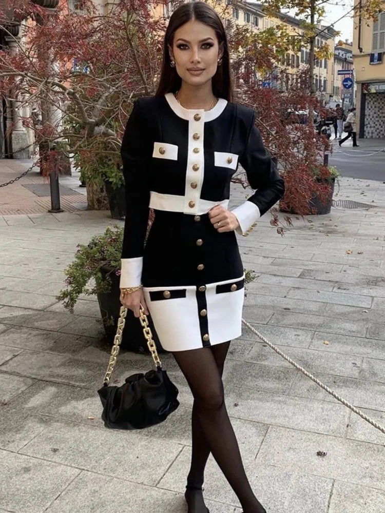 Patchwork Button Black White Two Pieces Bandage