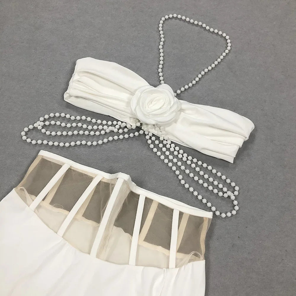 White Flower Sleeveless Off Shoulder Top And Skirt Sexy Two-piece