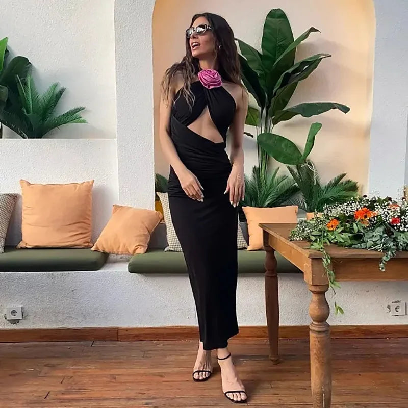 Elegant Halter Wrap Cut Out Maxi Dress