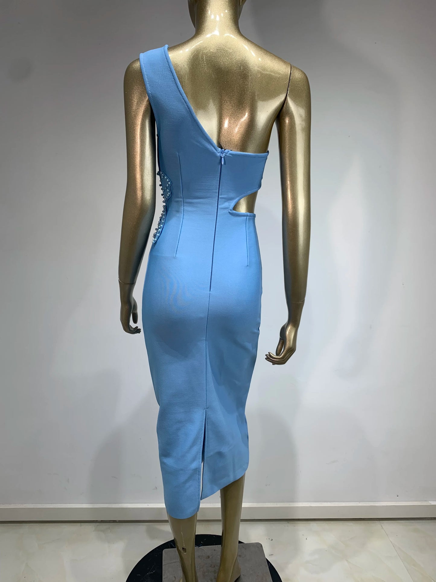 One Shoulder Cut Out Sky Blue Flower Midi Dress
