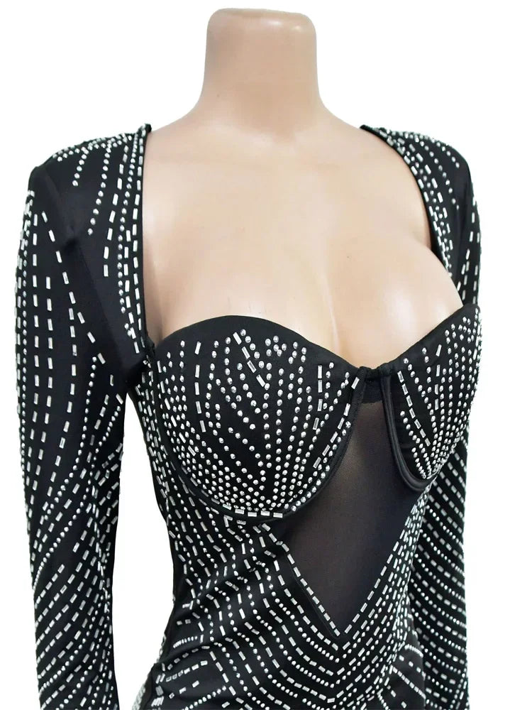 Beautiful Black Rhinestone Padded Mini Dress