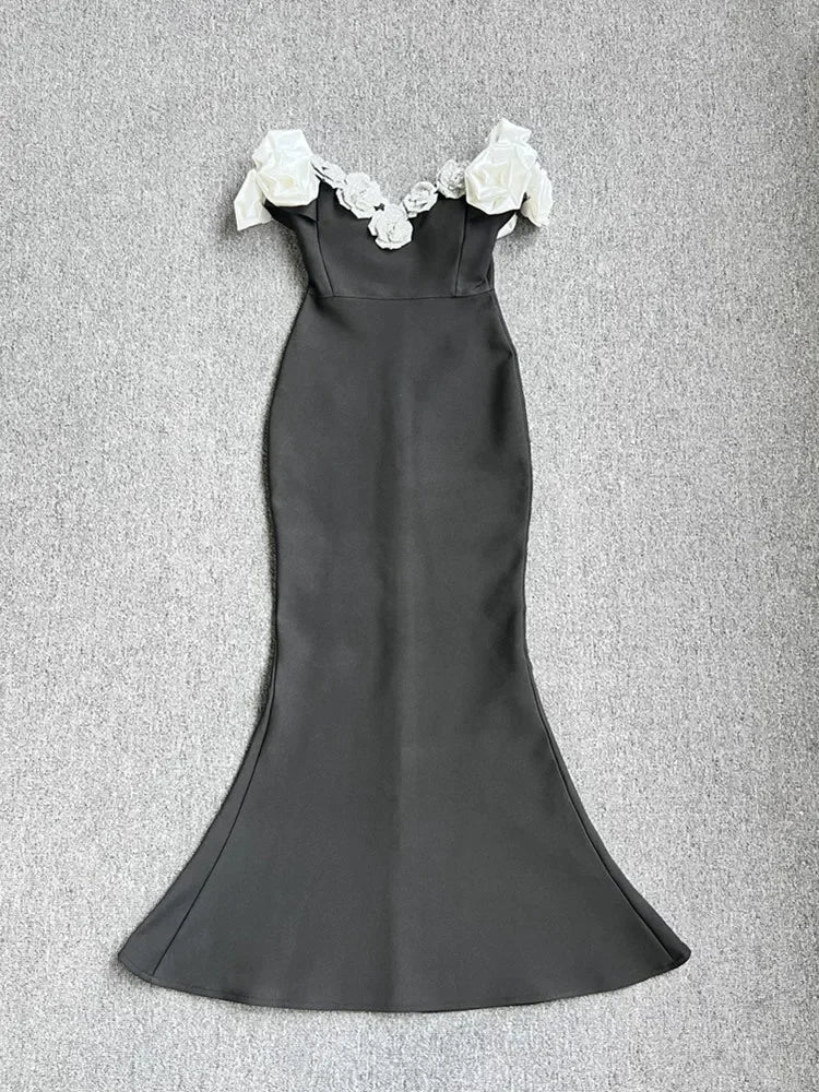 Sexy Off Shoulder Black Flower Maxi