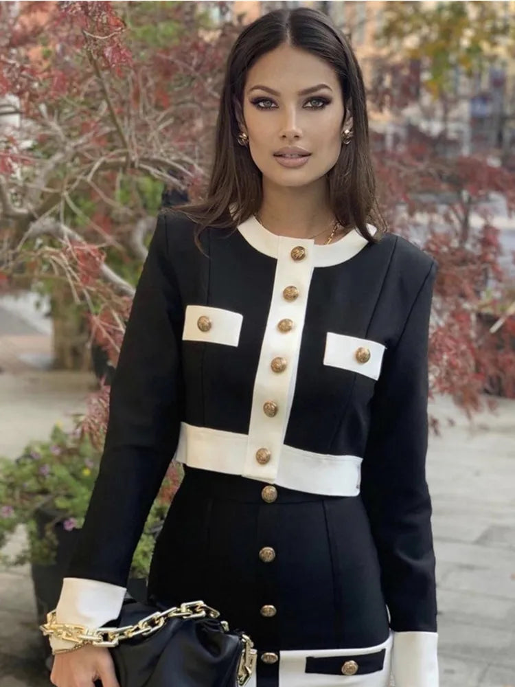 Patchwork Button Black White Two Pieces Bandage